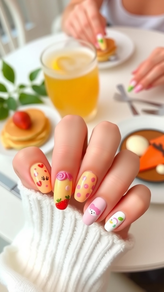 Colorful brunch-themed nail art with pancake, strawberry, and coffee designs on a light background.